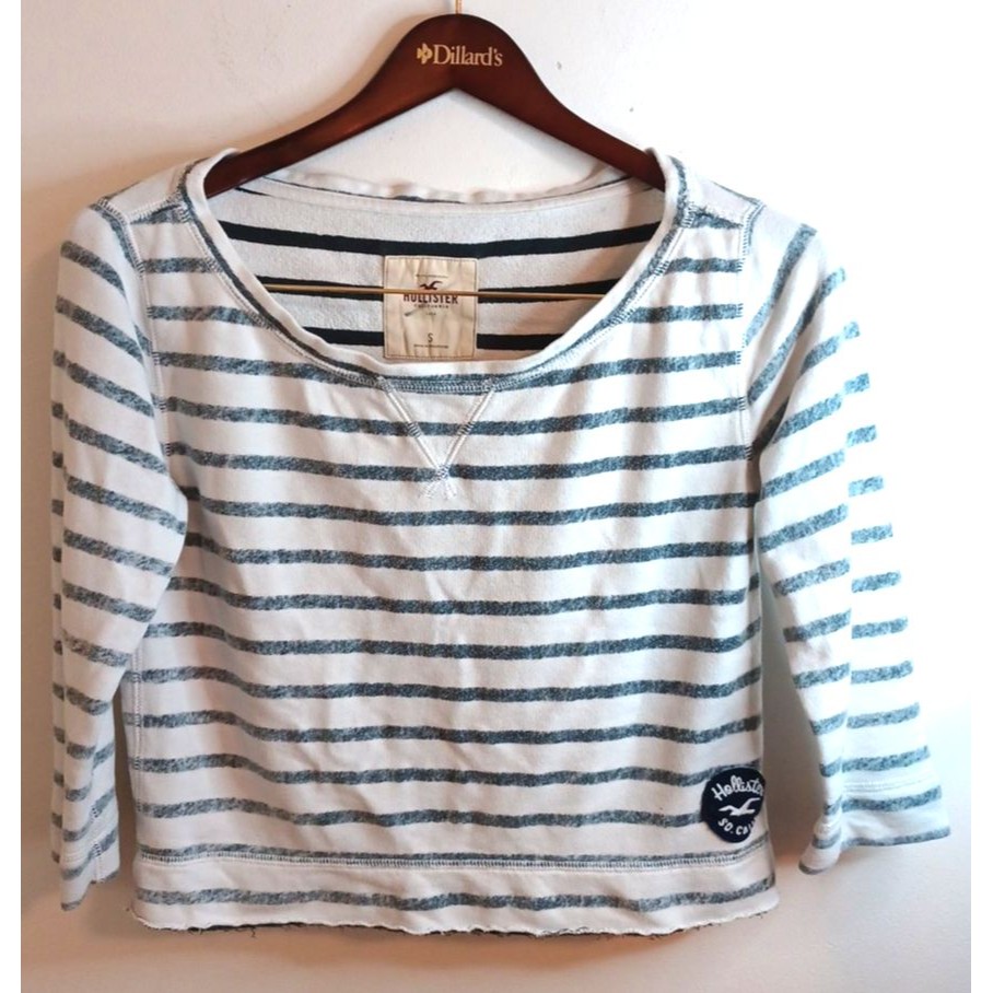 Hollister Crew Neck Cropped Sweatshirt S Gray White Striped Longsleeve Raw Hem